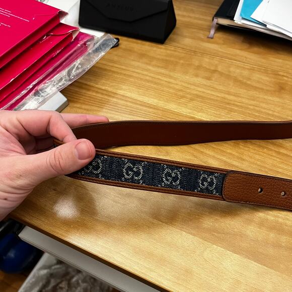 GUCCI WOMENS BROWN LEATHER & DENIM SQUARE BUCKLE BELT sz 70 NEW Authentic main image 12